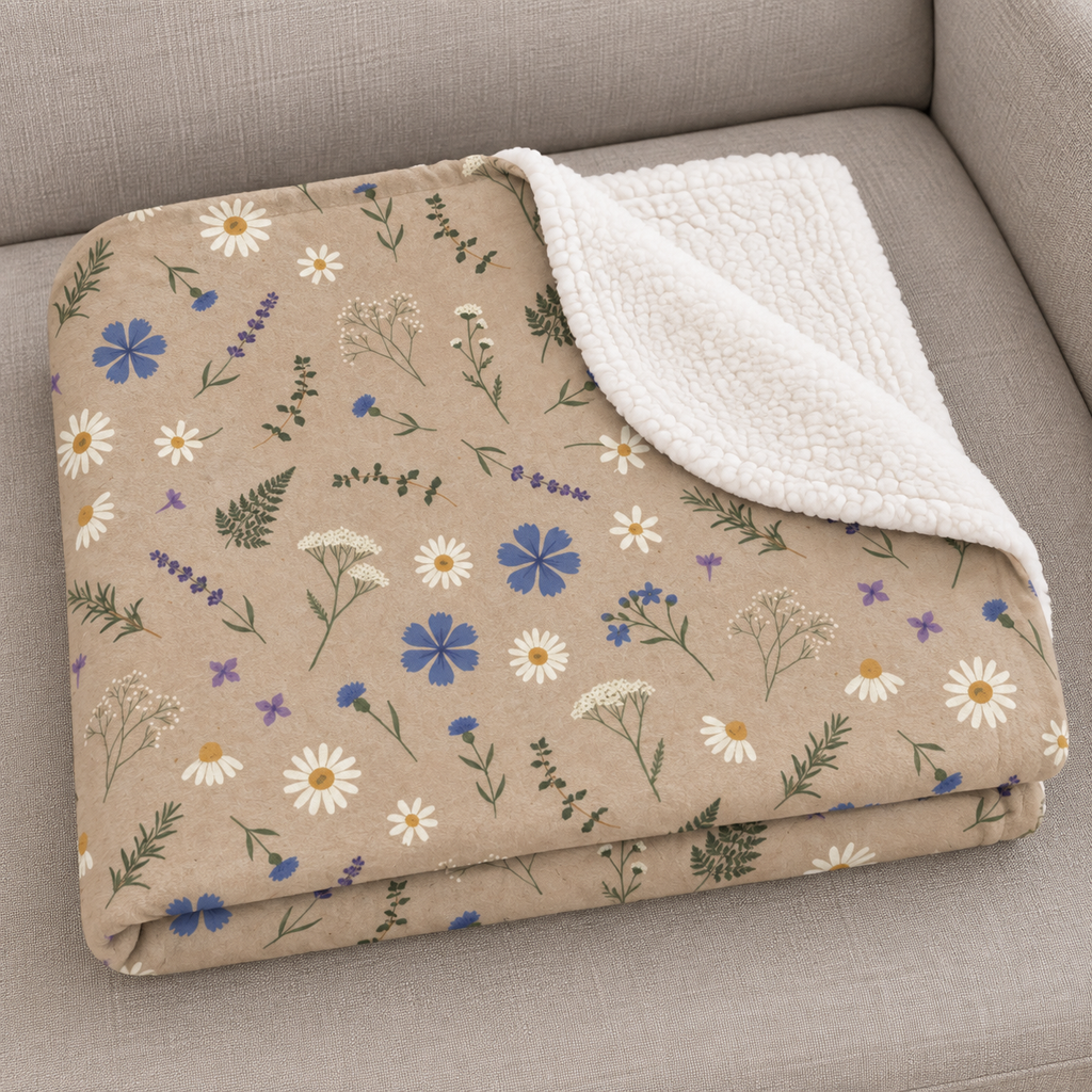 Close-up of the folded Brown Wildflower Sherpa Blanket showing the sherpa back
