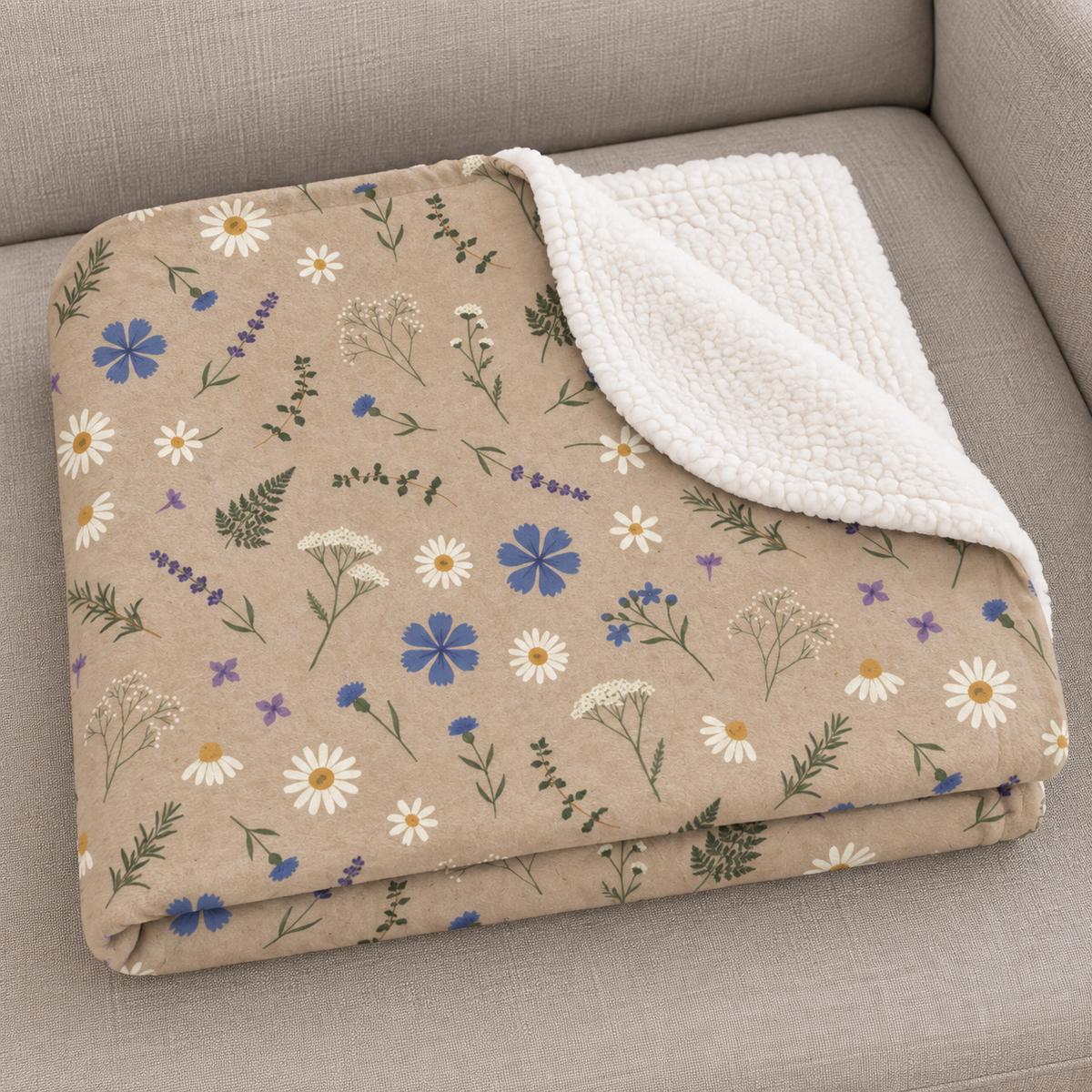 Close-up of the folded Brown Wildflower Sherpa Blanket showing the sherpa back
