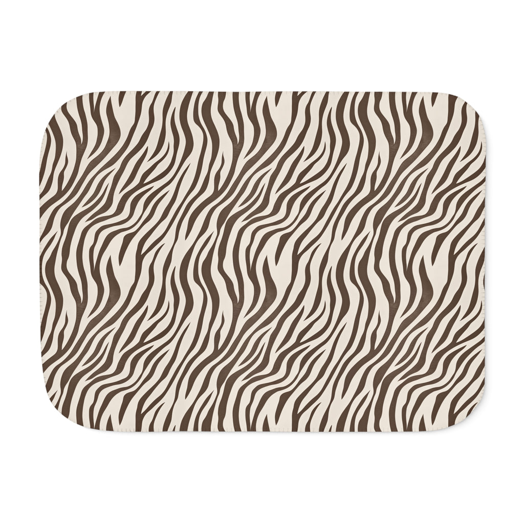 Brown zebra print sherpa blanket laid flat, front view