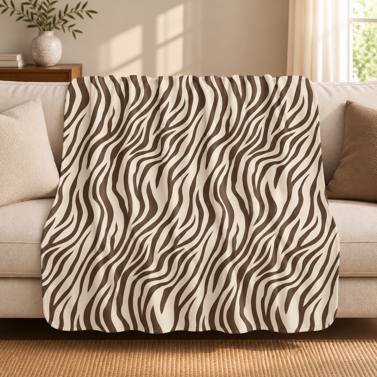Brown zebra print sherpa blanket draped over a cream sofa in a living room