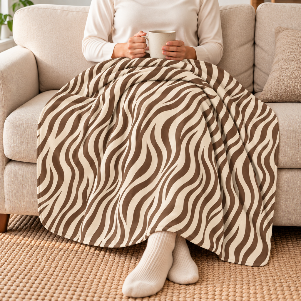 Person relaxing on a couch under the brown zebra print sherpa blanket