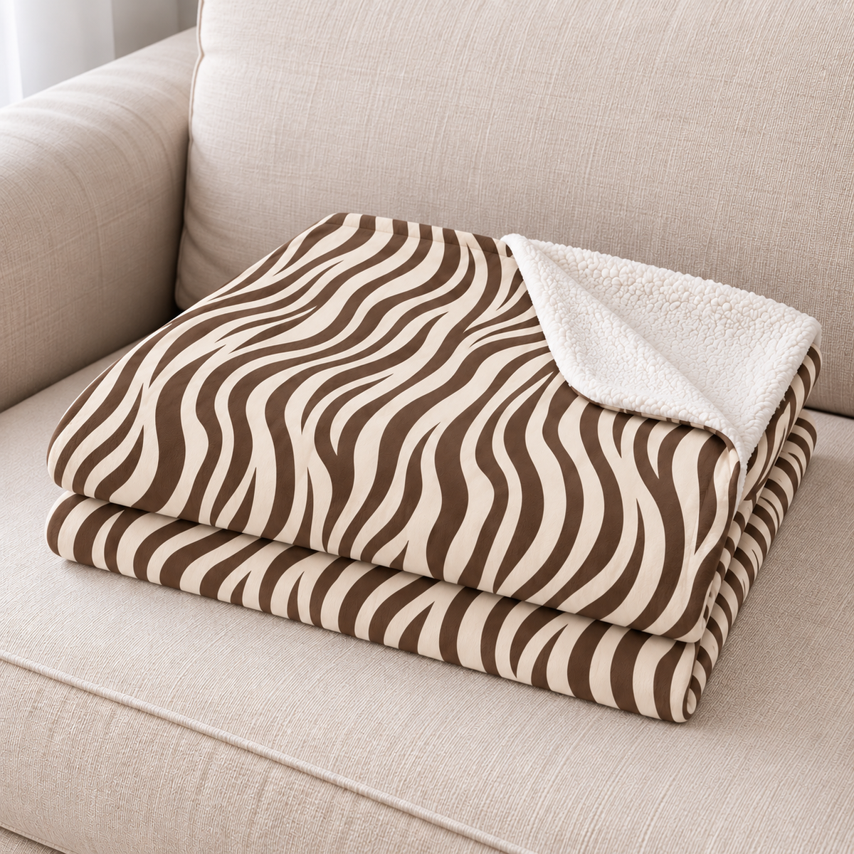 Close-up of the folded brown zebra print sherpa blanket showing the sherpa back