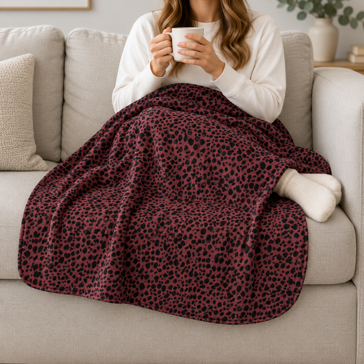 Person relaxing on a couch under the Burgundy Cheetah Print Sherpa Blanket