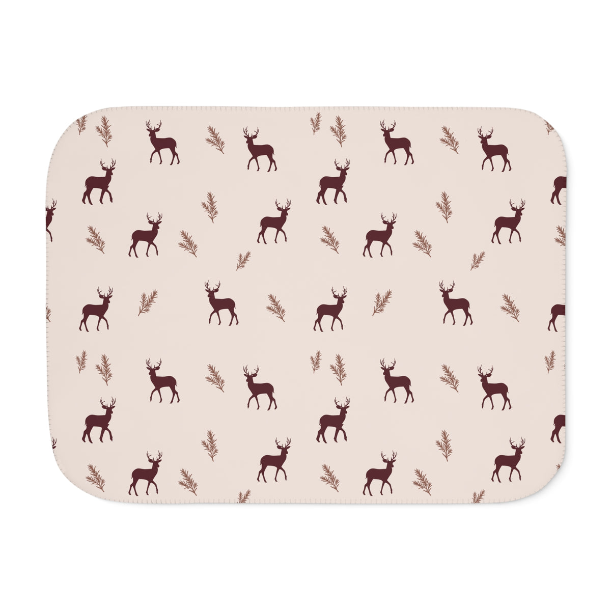 Burgundy deer print sherpa blanket laid flat, front view