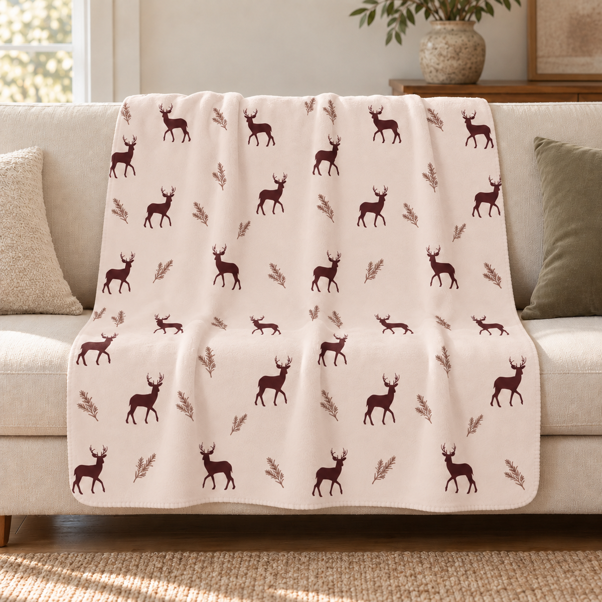 Burgundy deer print sherpa blanket draped over a cream sofa in a living room