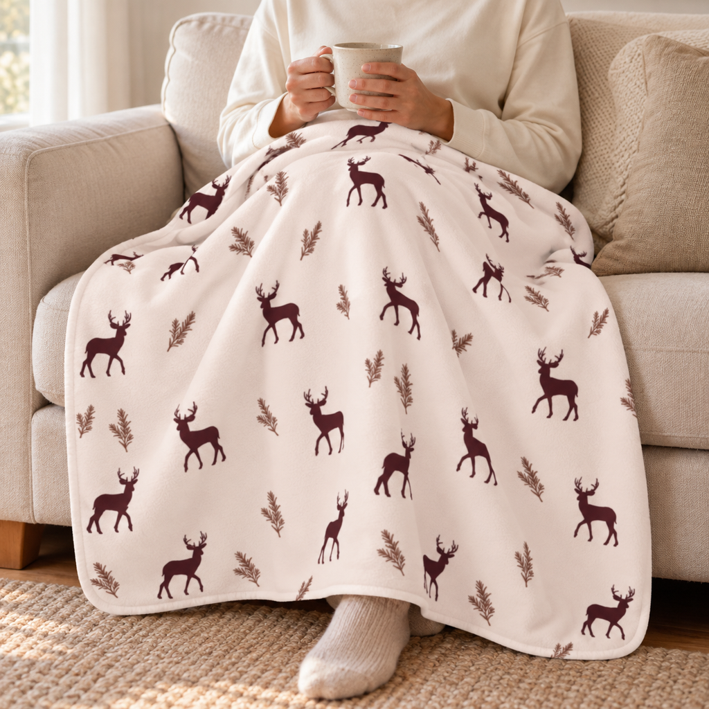 Person relaxing on a couch under the burgundy deer print sherpa blanket