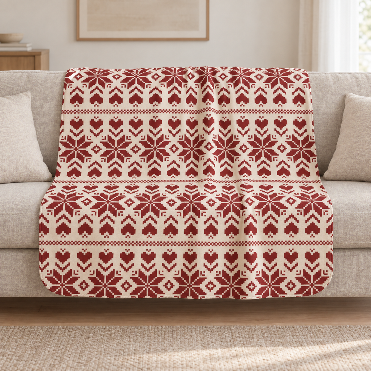 Burgundy Nordic Star Christmas Sherpa Blanket draped over a cream sofa in a living room