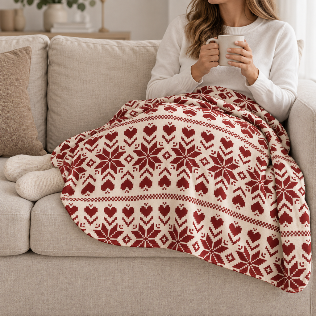Person relaxing on a couch under the Burgundy Nordic Star Christmas Sherpa Blanket