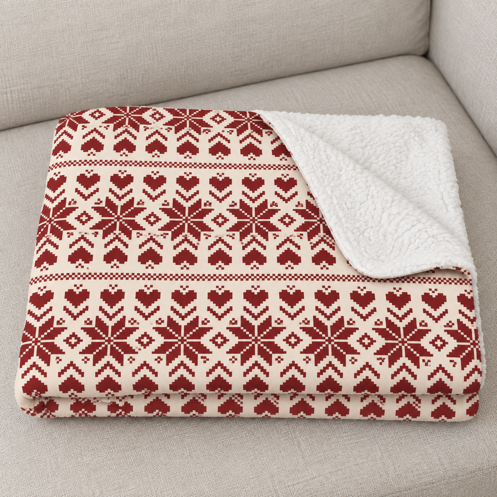 Close-up of the folded Burgundy Nordic Star Christmas Sherpa Blanket showing the sherpa back