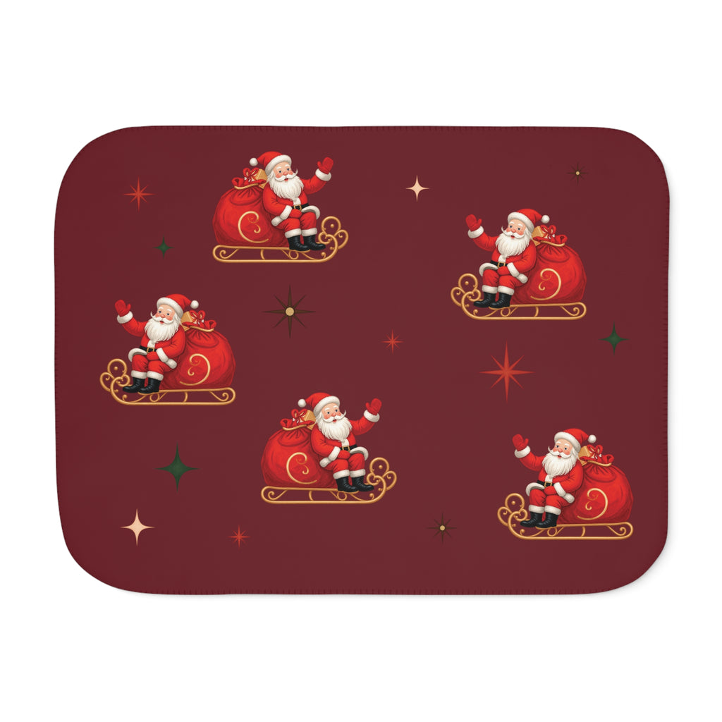 Burgundy Retro Santa Christmas Sherpa Blanket laid flat, front view