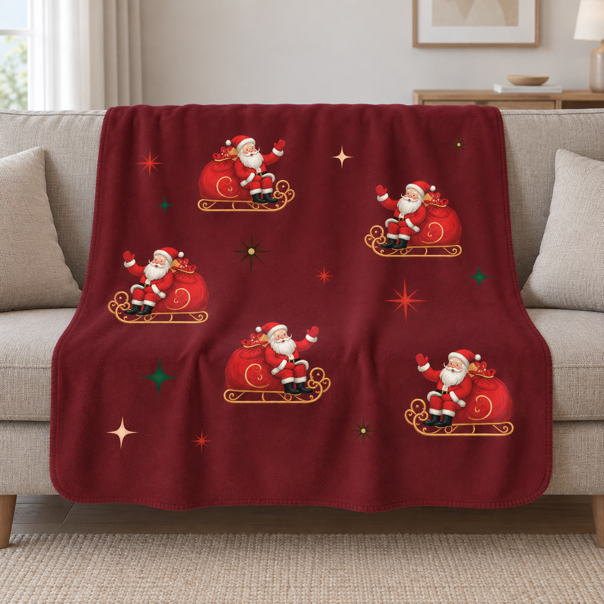 Burgundy Retro Santa Christmas Sherpa Blanket draped over a cream sofa in a living room
