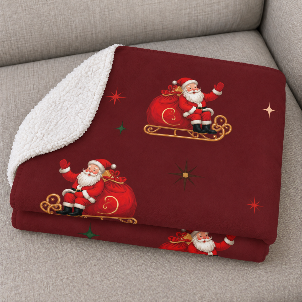 Close-up of the folded Burgundy Retro Santa Christmas Sherpa Blanket showing the sherpa back