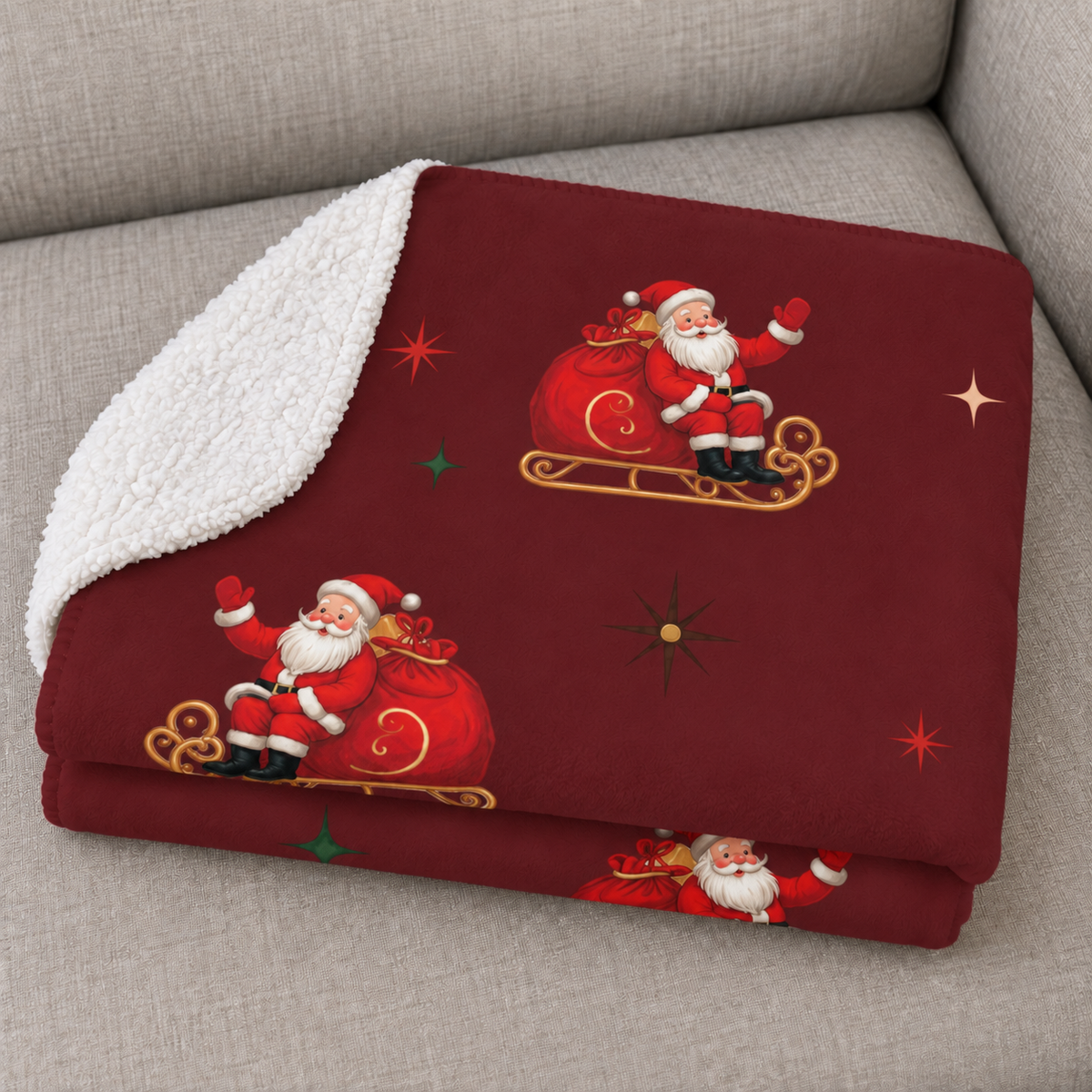 Close-up of the folded Burgundy Retro Santa Christmas Sherpa Blanket showing the sherpa back