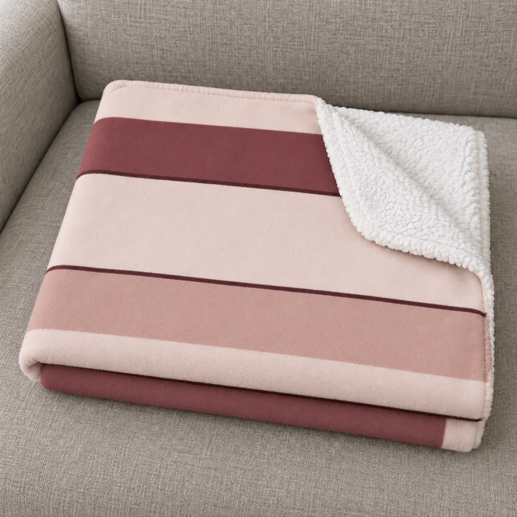 Close-up of the folded Burgundy Striped Sherpa Blanket showing the sherpa back
