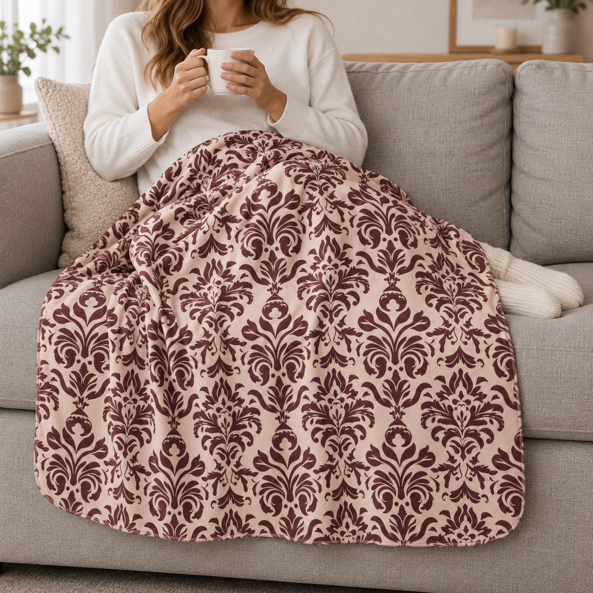 Person relaxing on a couch under the Burgundy Tapestry Sherpa Blanket