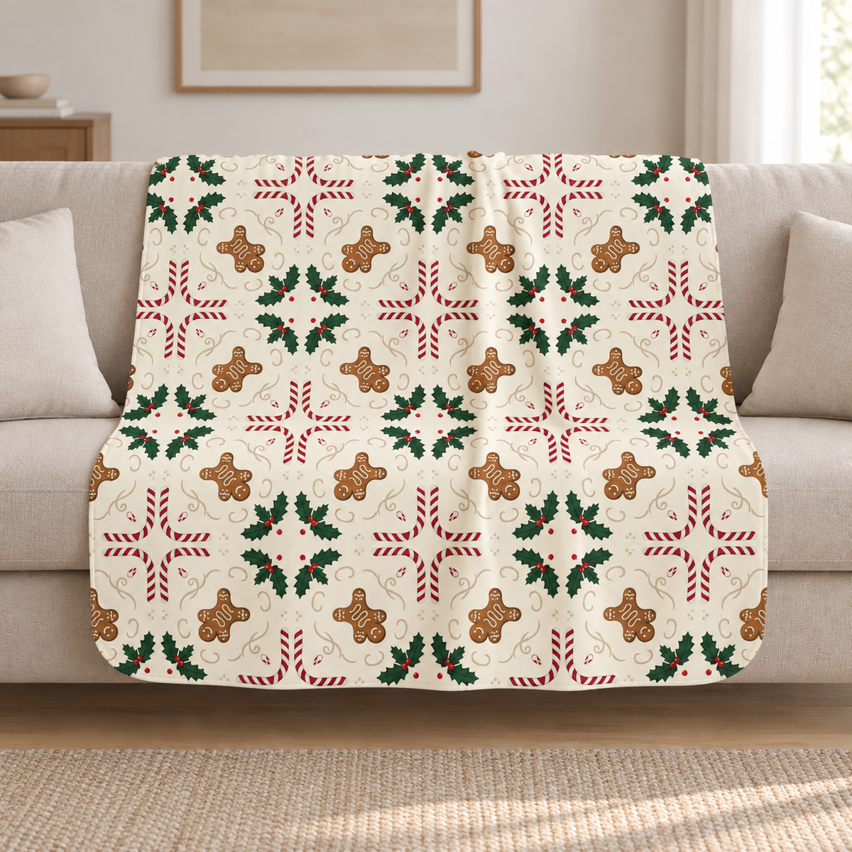Cream Gingerbread Sherpa Blanket draped over a cream sofa in a living room