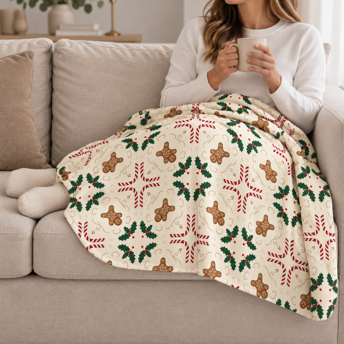 Person relaxing on a couch under the Cream Gingerbread Sherpa Blanket
