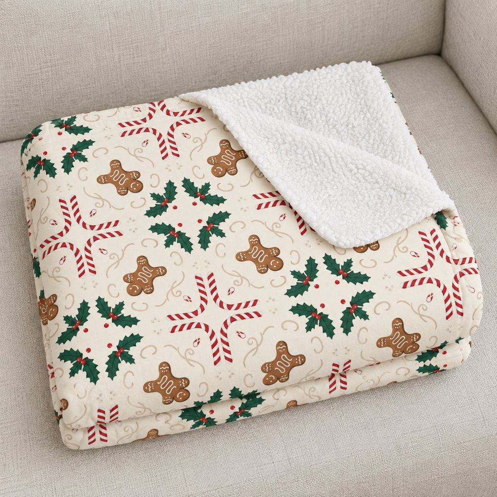 Close-up of the folded Cream Gingerbread Sherpa Blanket showing the sherpa back