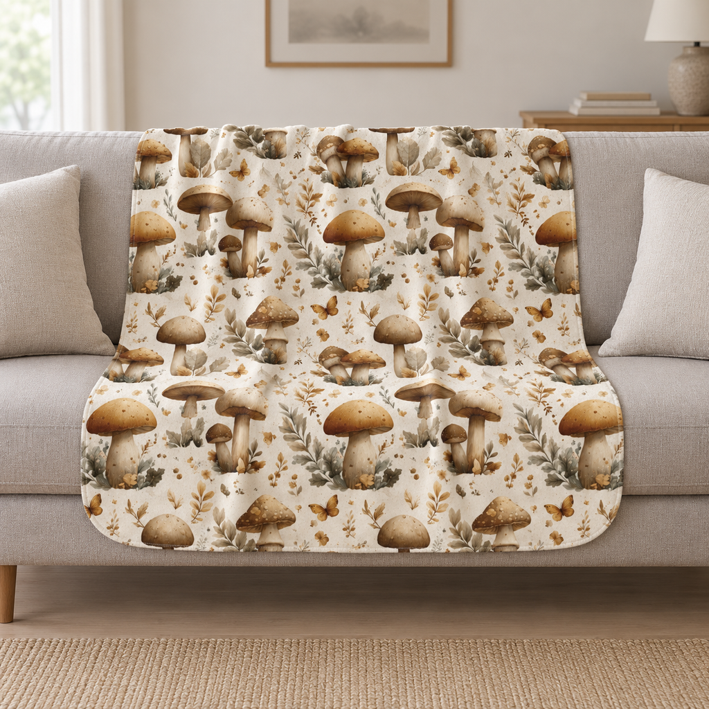 Cream Mushroom Sherpa Blanket draped over a cream sofa in a living room