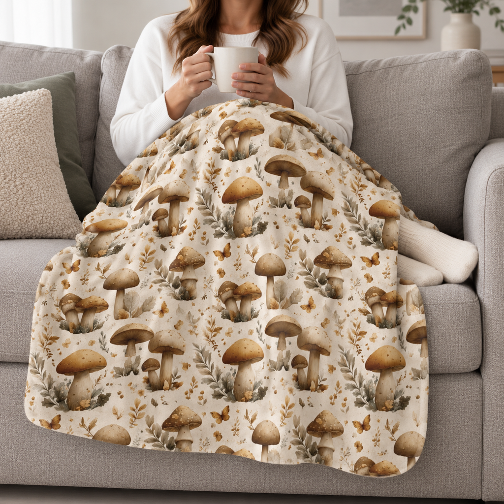Person relaxing on a couch under the Cream Mushroom Sherpa Blanket