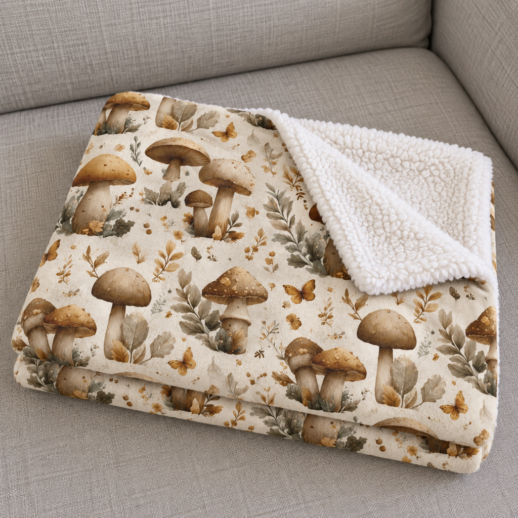 Close-up of the folded Cream Mushroom Sherpa Blanket showing the sherpa back