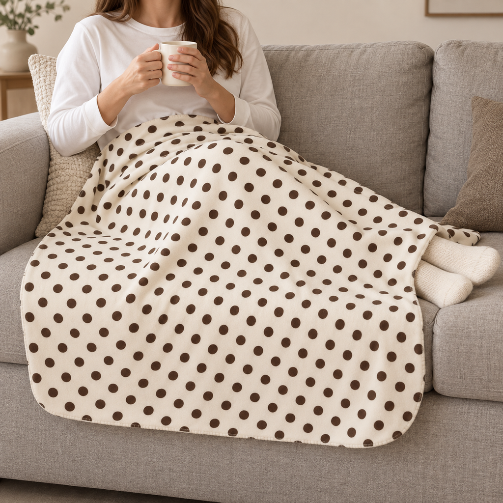 Person relaxing on a couch under the Cream Polka Dot Sherpa Blanket