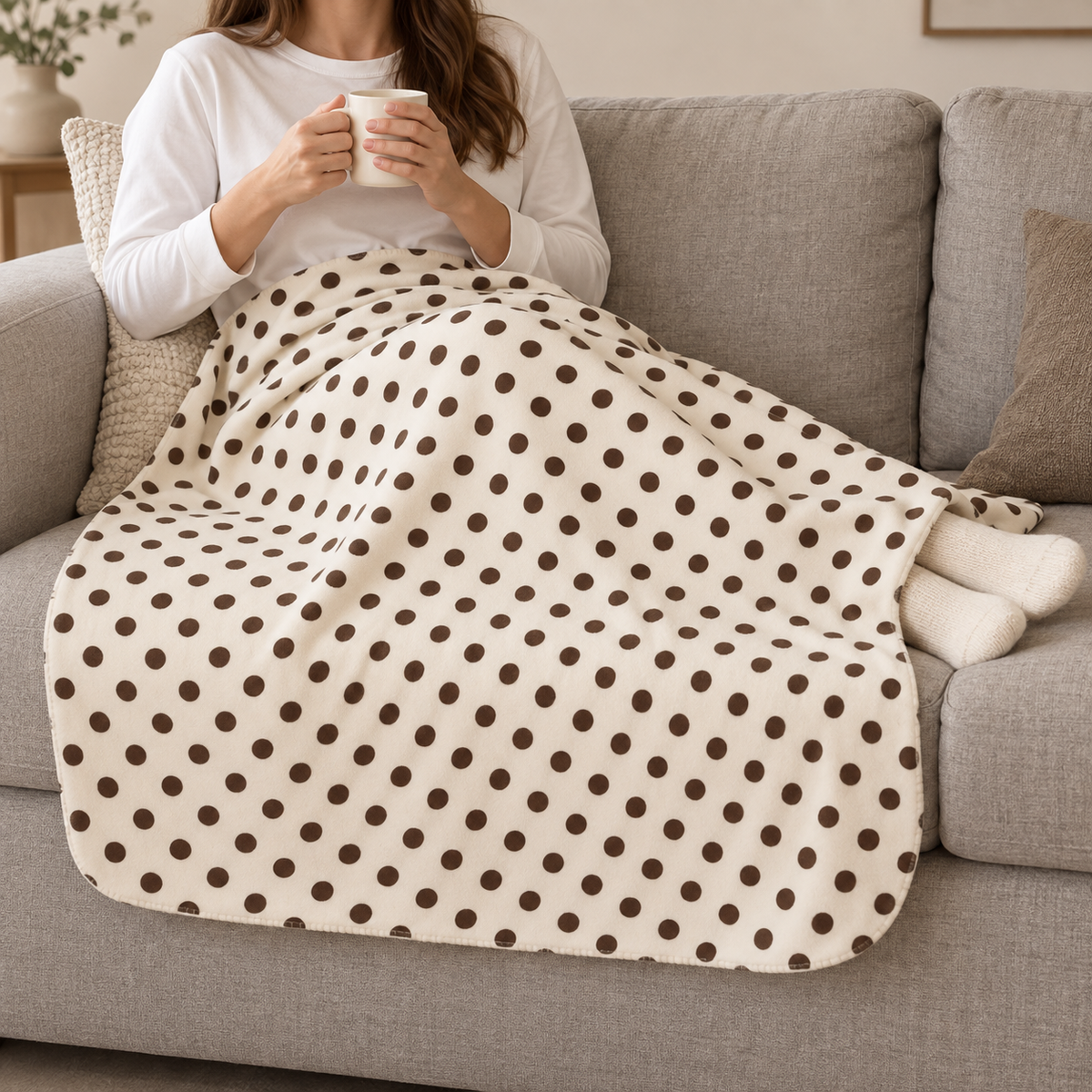 Person relaxing on a couch under the Cream Polka Dot Sherpa Blanket