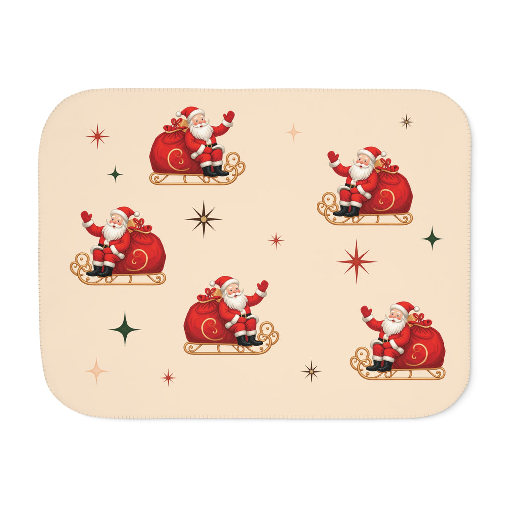 Cream Retro Santa Christmas Sherpa Blanket laid flat, front view
