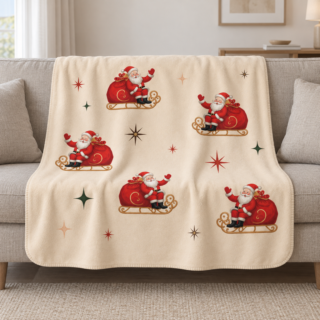 Cream Retro Santa Christmas Sherpa Blanket draped over a cream sofa in a living room