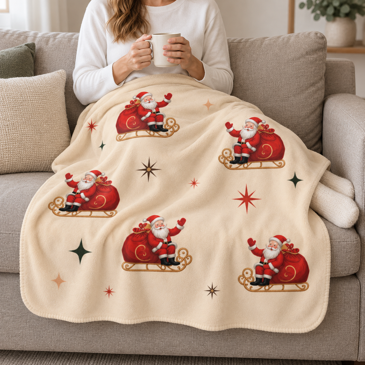 Person relaxing on a couch under the Cream Retro Santa Christmas Sherpa Blanket