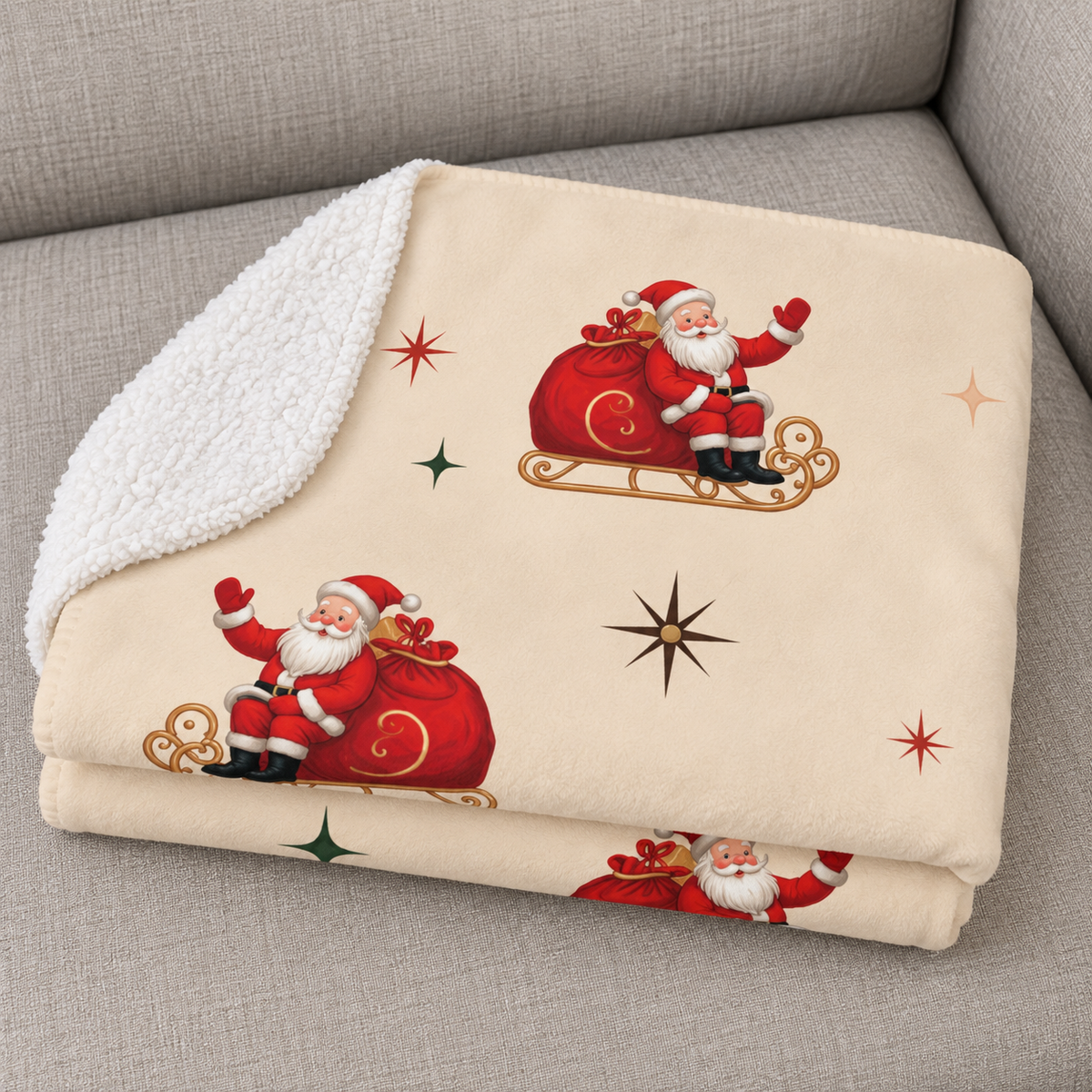 Close-up of the folded Cream Retro Santa Christmas Sherpa Blanket showing the sherpa back