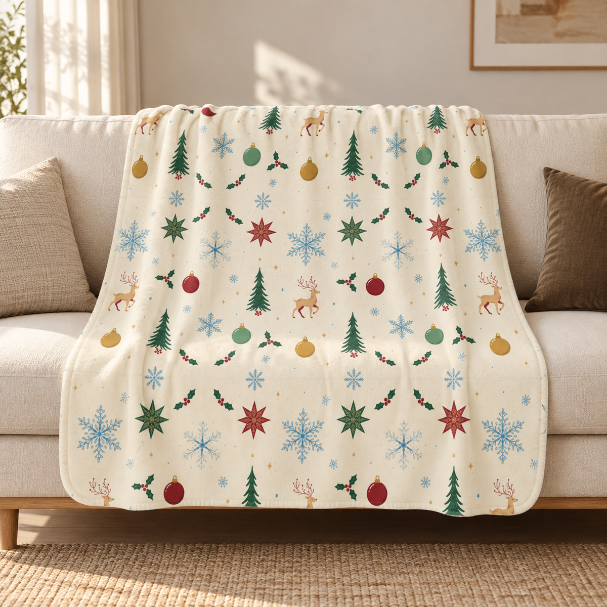 Cream Scandinavian Christmas Sherpa Blanket draped over a cream sofa in a living room