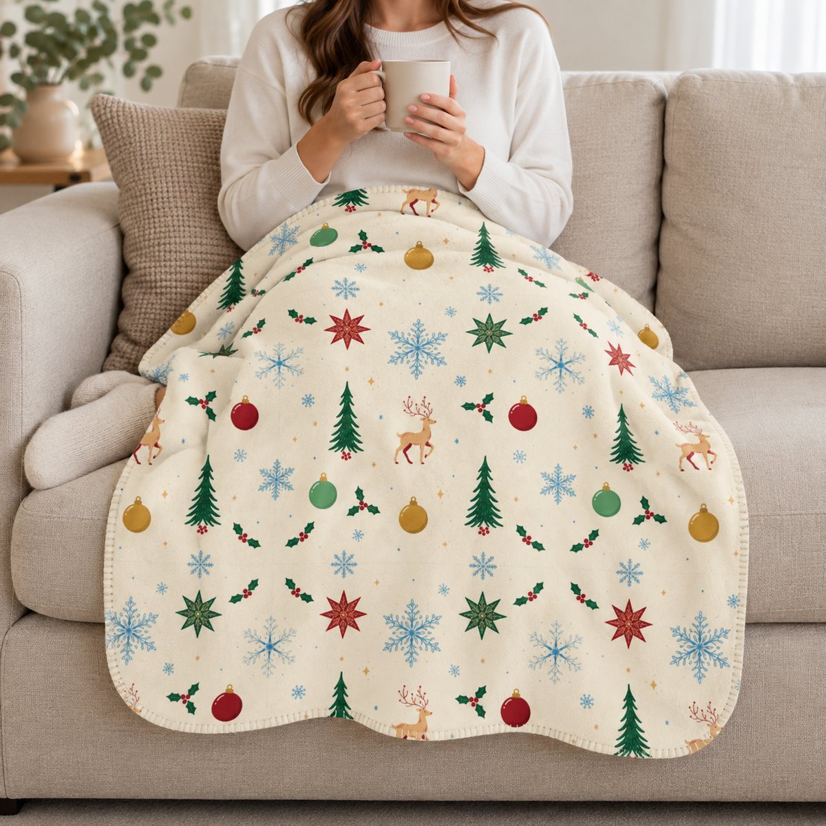 Person relaxing on a couch under the Cream Scandinavian Christmas Sherpa Blanket