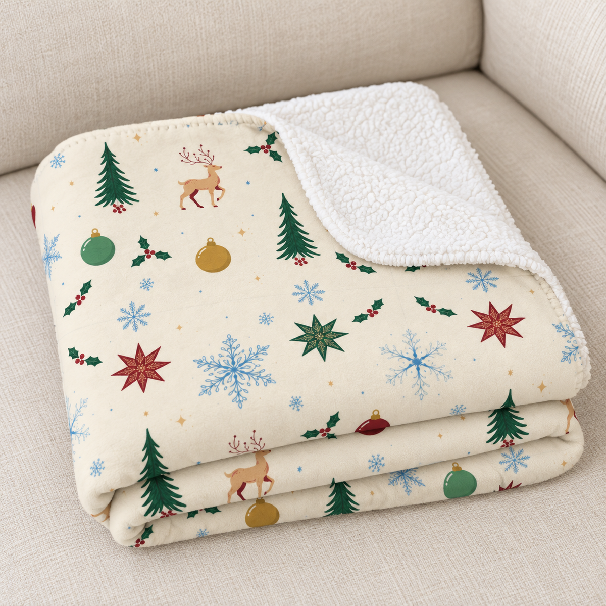 Close-up of the folded Cream Scandinavian Christmas Sherpa Blanket showing the sherpa back