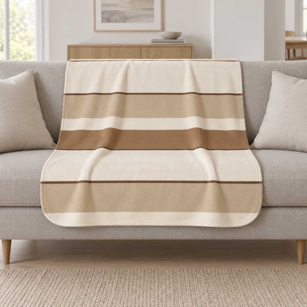 Cream Striped Sherpa Blanket draped over a cream sofa in a living room