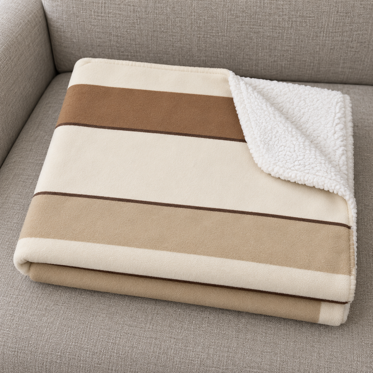 Close-up of the folded Cream Striped Sherpa Blanket showing the sherpa back