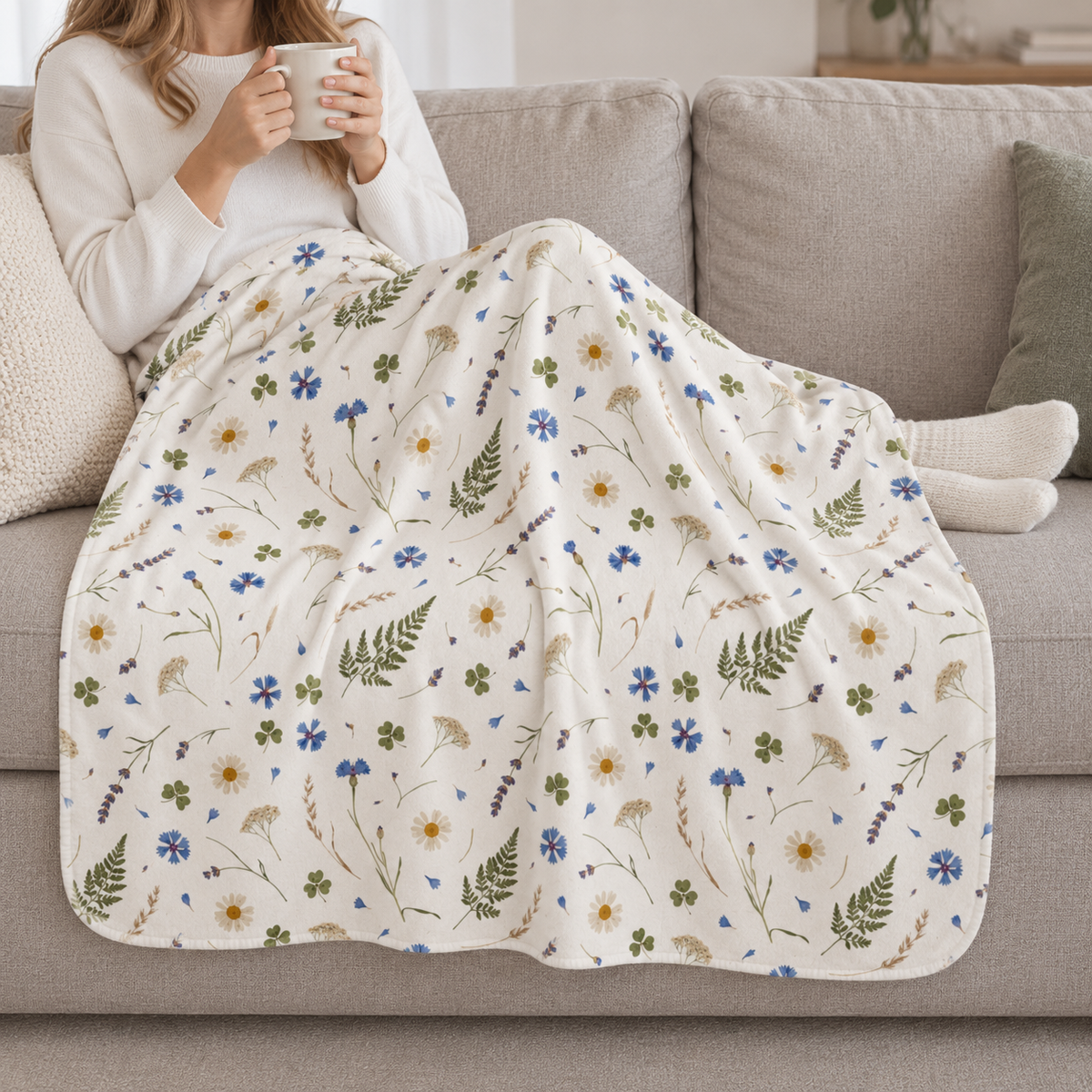 Person relaxing on a couch under the Cream Wildflower Sherpa Blanket