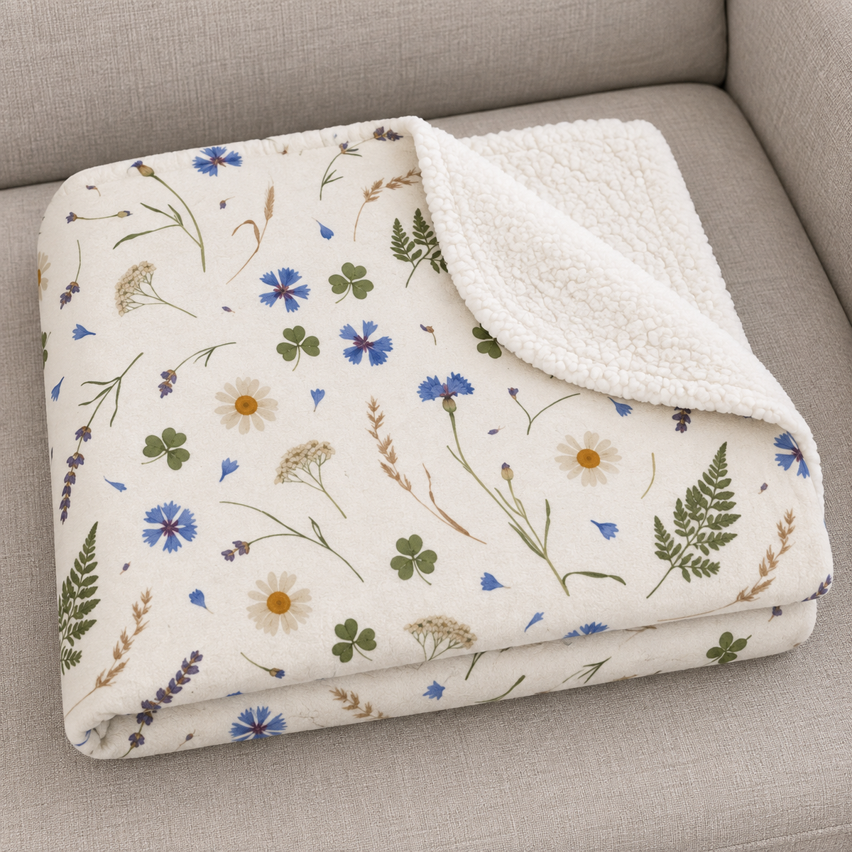 Close-up of the folded Cream Wildflower Sherpa Blanket showing the sherpa back