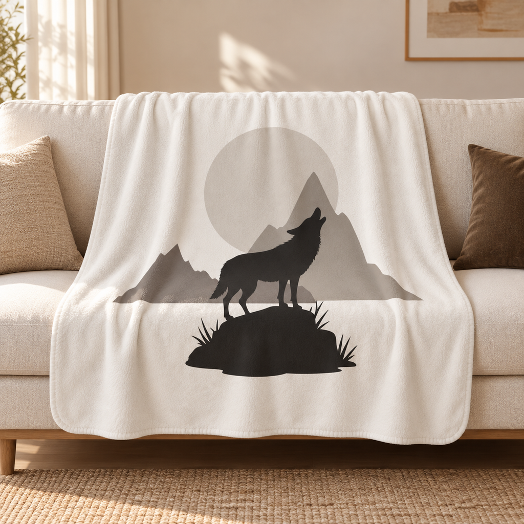 Cream wolf sherpa blanket draped over a cream sofa in a living room