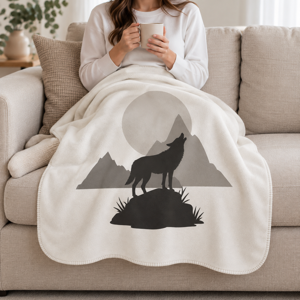 Person relaxing on a couch under the cream wolf sherpa blanket