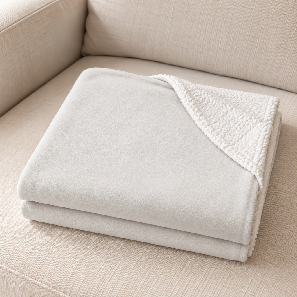 Close-up of the folded cream wolf sherpa blanket showing the sherpa back