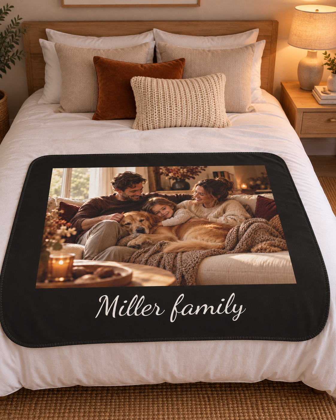 Custom photo blanket in black with one photo and text, on a bed