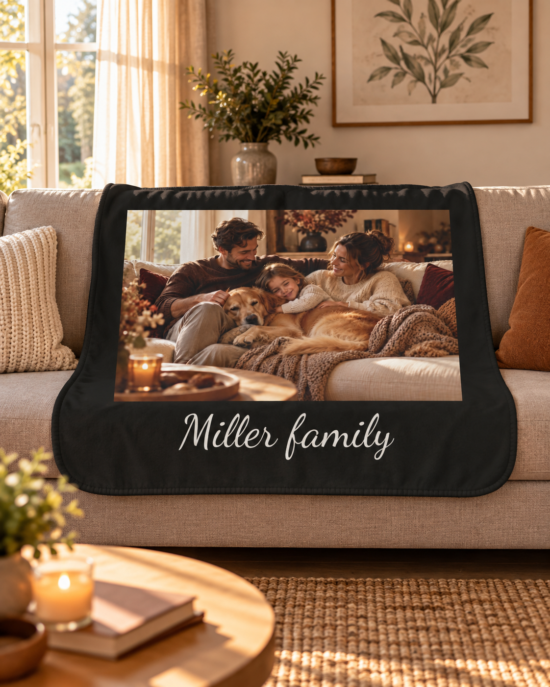 Custom photo blanket in black with one photo and text, draped over a couch