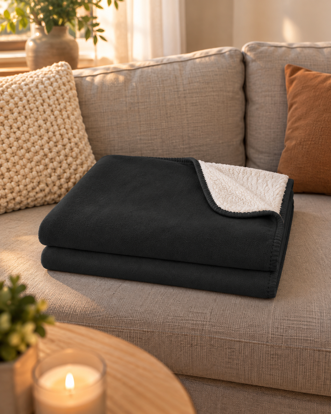 Custom photo blanket in black with one photo and text, folded on a couch
