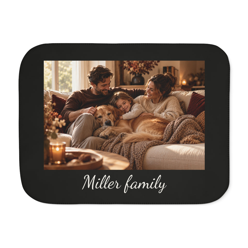 Custom photo blanket in black with one photo and text, front view