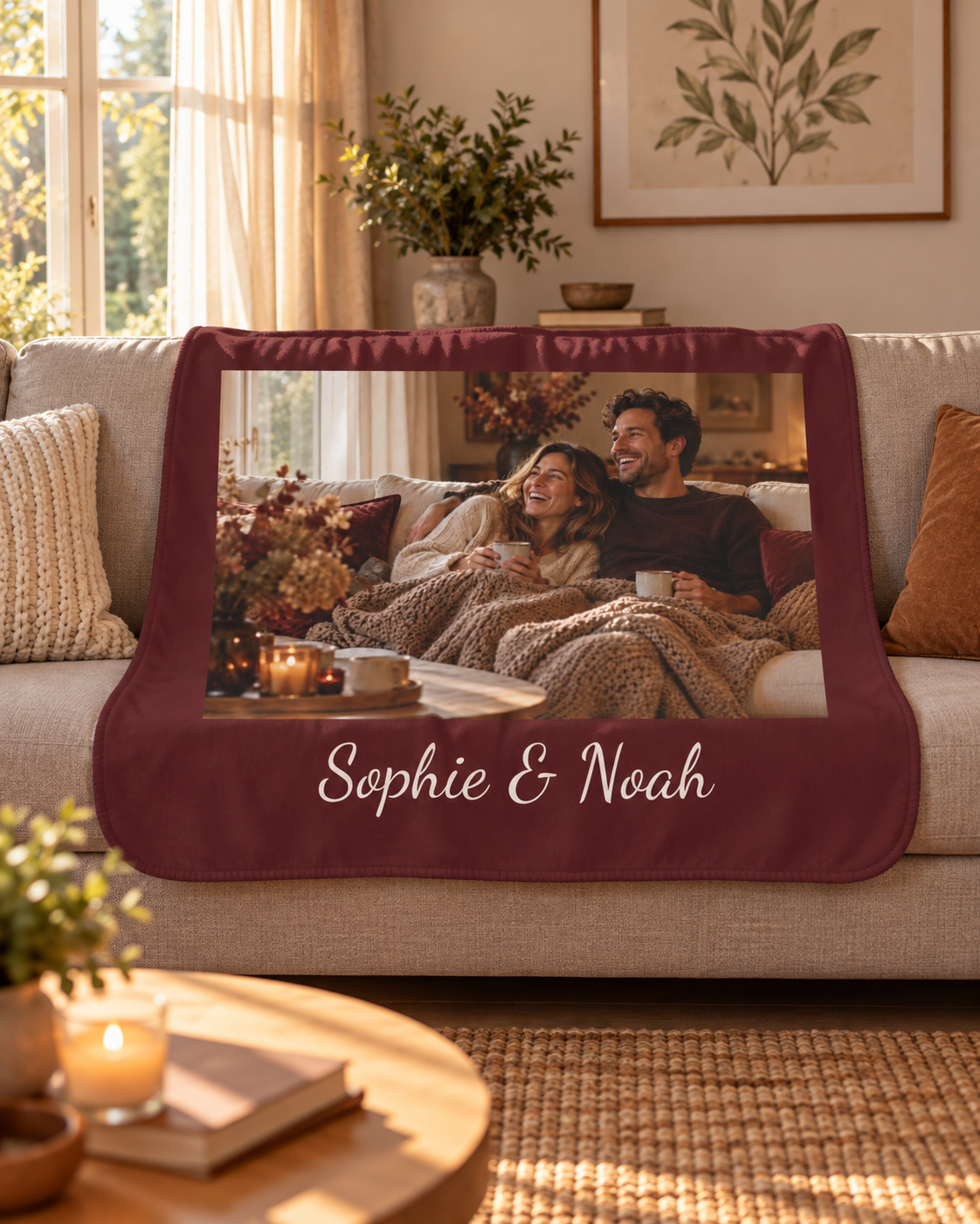 Custom photo blanket in burgundy with one photo and text, draped over a couch