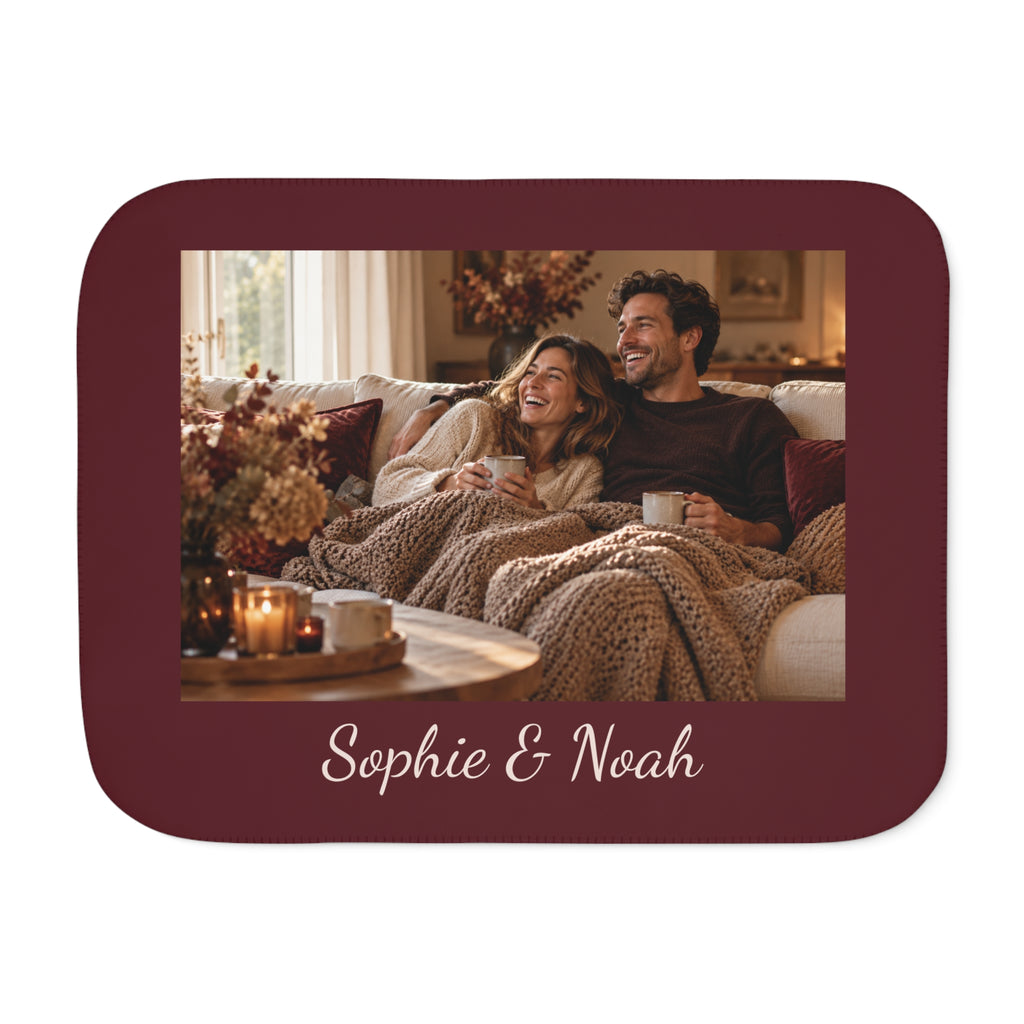 Custom photo blanket in burgundy with one photo and text, front view
