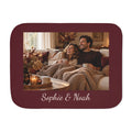 Custom photo blanket in burgundy with one photo and text, front view