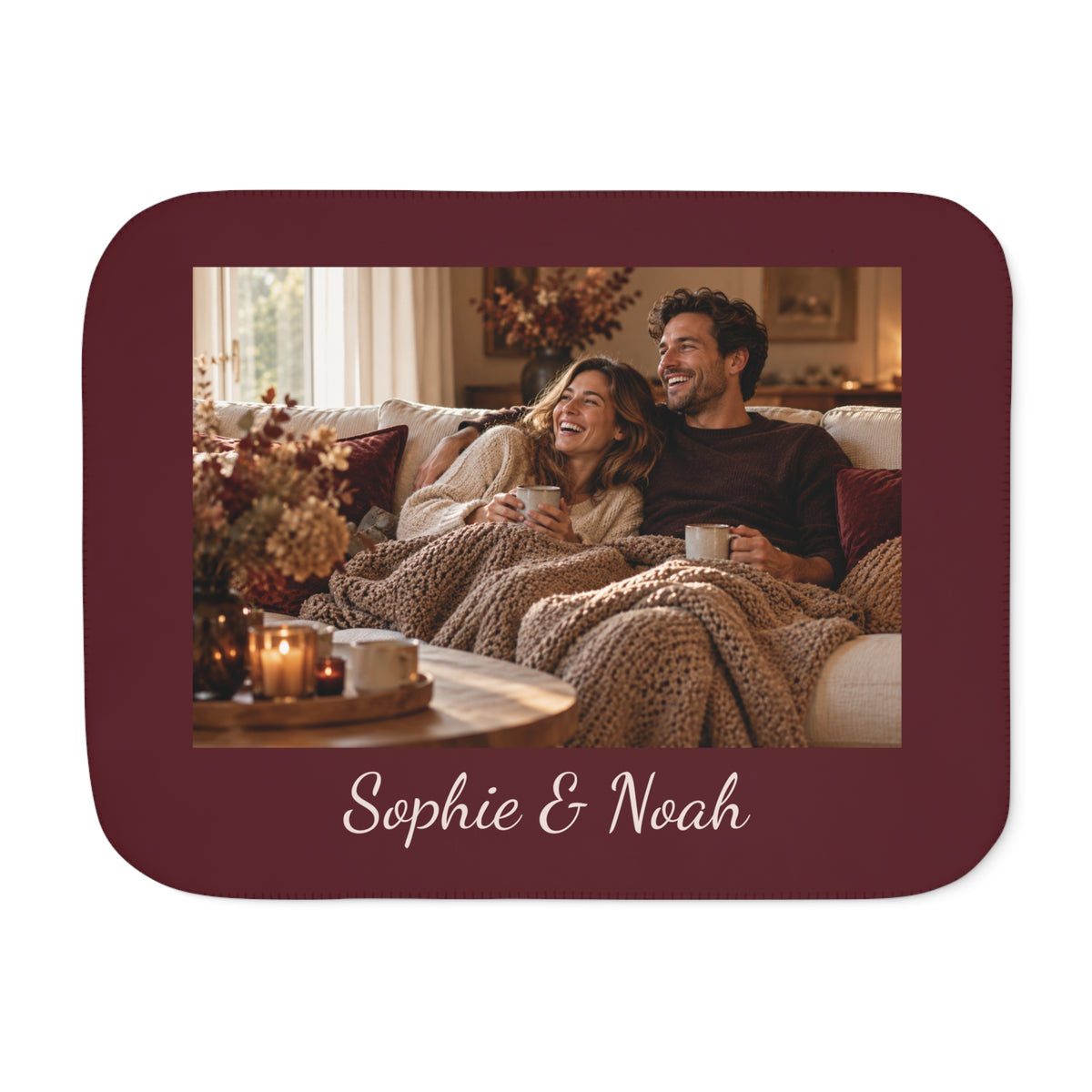 Custom photo blanket in burgundy with one photo and text, front view