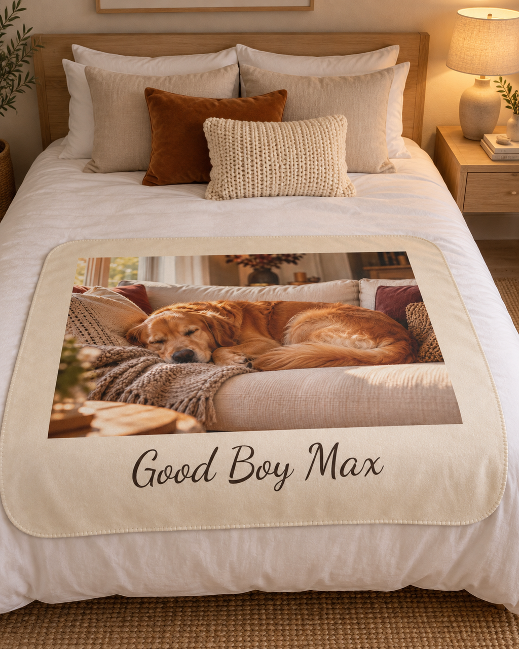 Custom photo blanket in cream with one photo and text, on a bed
